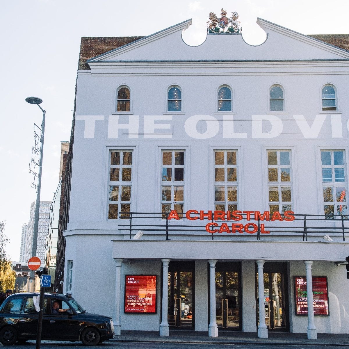 A front view of the 200 year old building. The Old Vic Theatre, located in the heart of Waterloo